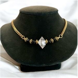 Herkimer diamond crystal quartz gold stainless steel boho black glass necklace